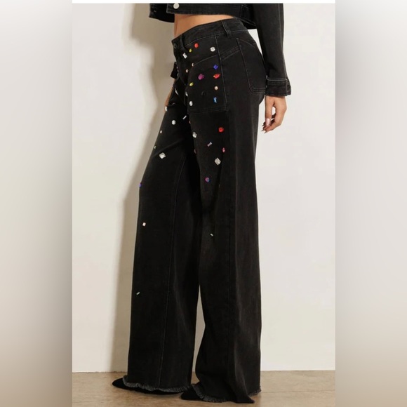 VBRT set of bedazzled jewel wide leg jeans and matching gem jean cropped jacket - Picture 2 of 10